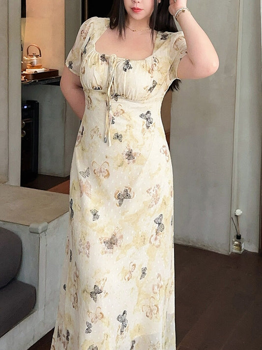 Butterfly Print Tie Waist Dress Plus-Size