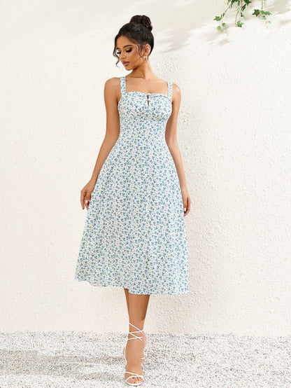 Button Bust Ruched Floral Print Midi Dress