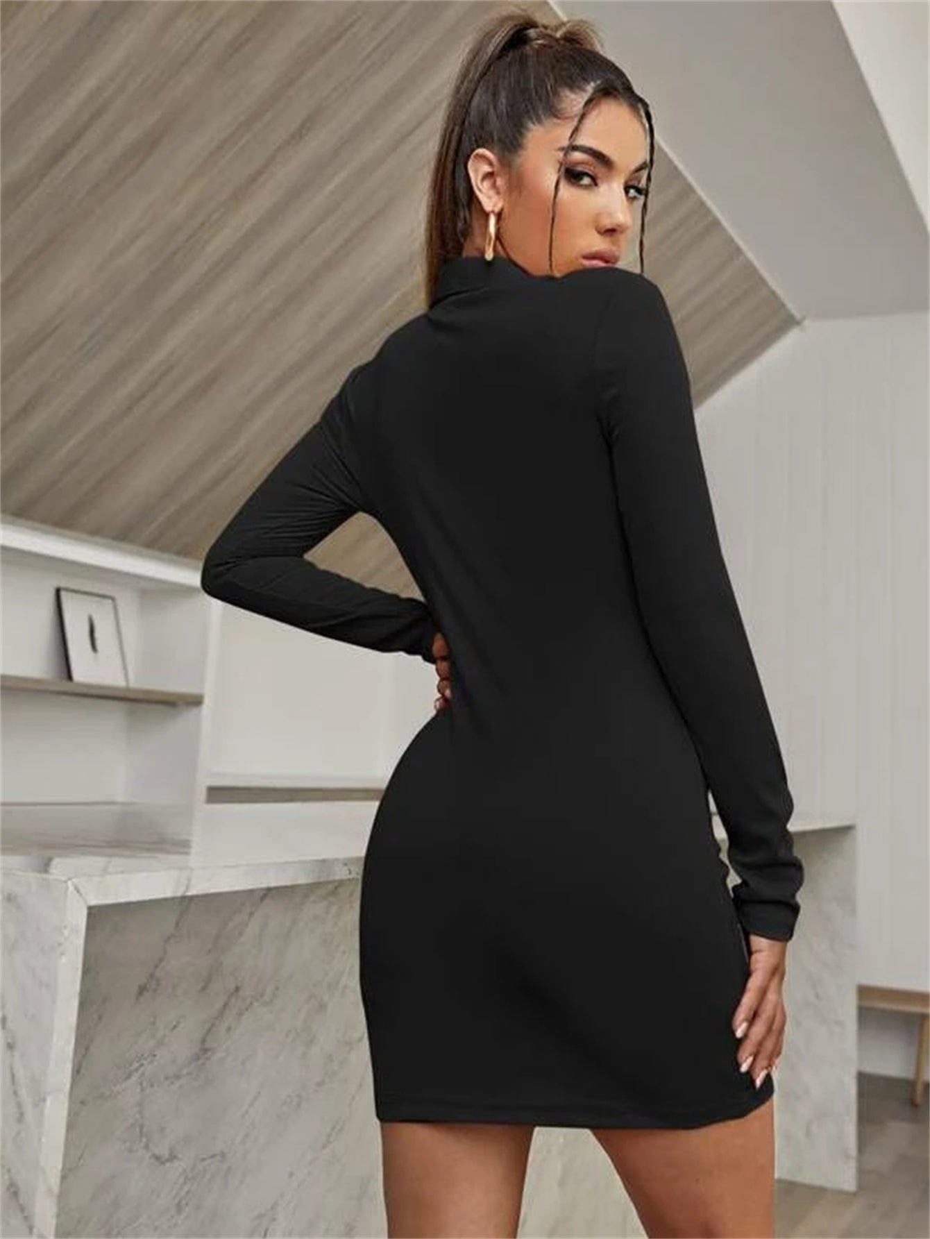 Collared Long Sleeve Ruched Button Front Bodycon Mini Shirt Dress