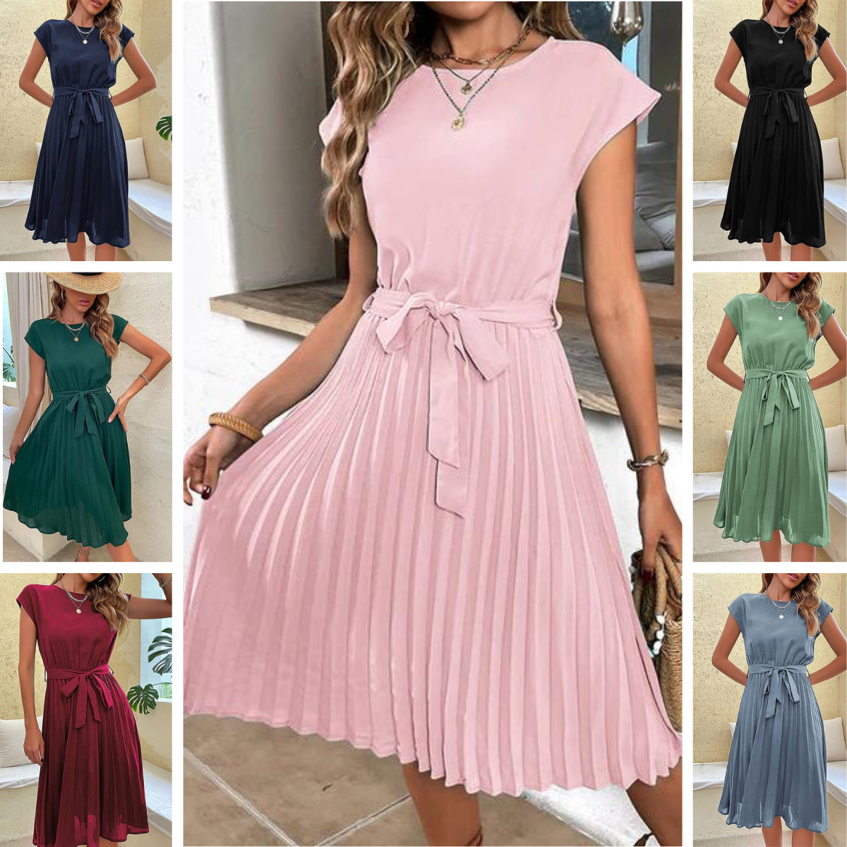 Round Neck Cap Sleeve Tie Waist Accordion Pleated Midi Dress