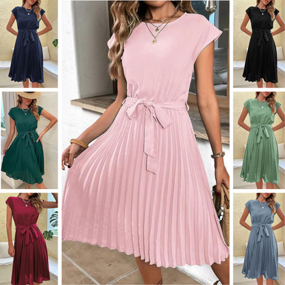 Round Neck Cap Sleeve Tie Waist Accordion Pleated Midi Dress