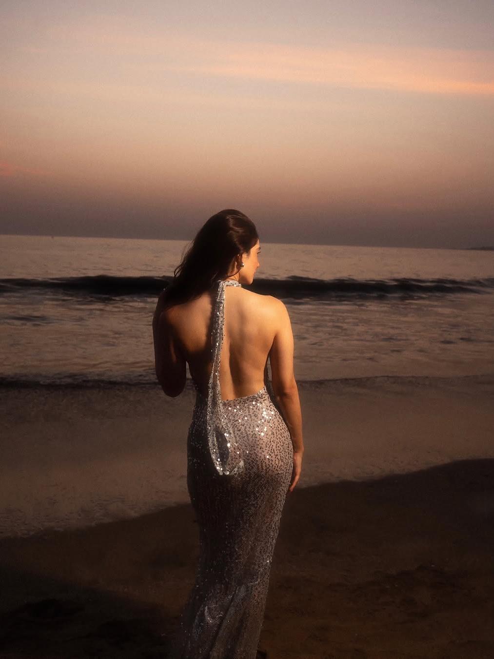 See Through Sequins Tied Halterneck Backless Maxi Dress