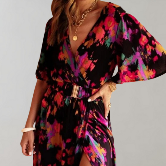Abstract Print Wrap V-Neck Flutter Sleeve Belted High Split Maxi Dress