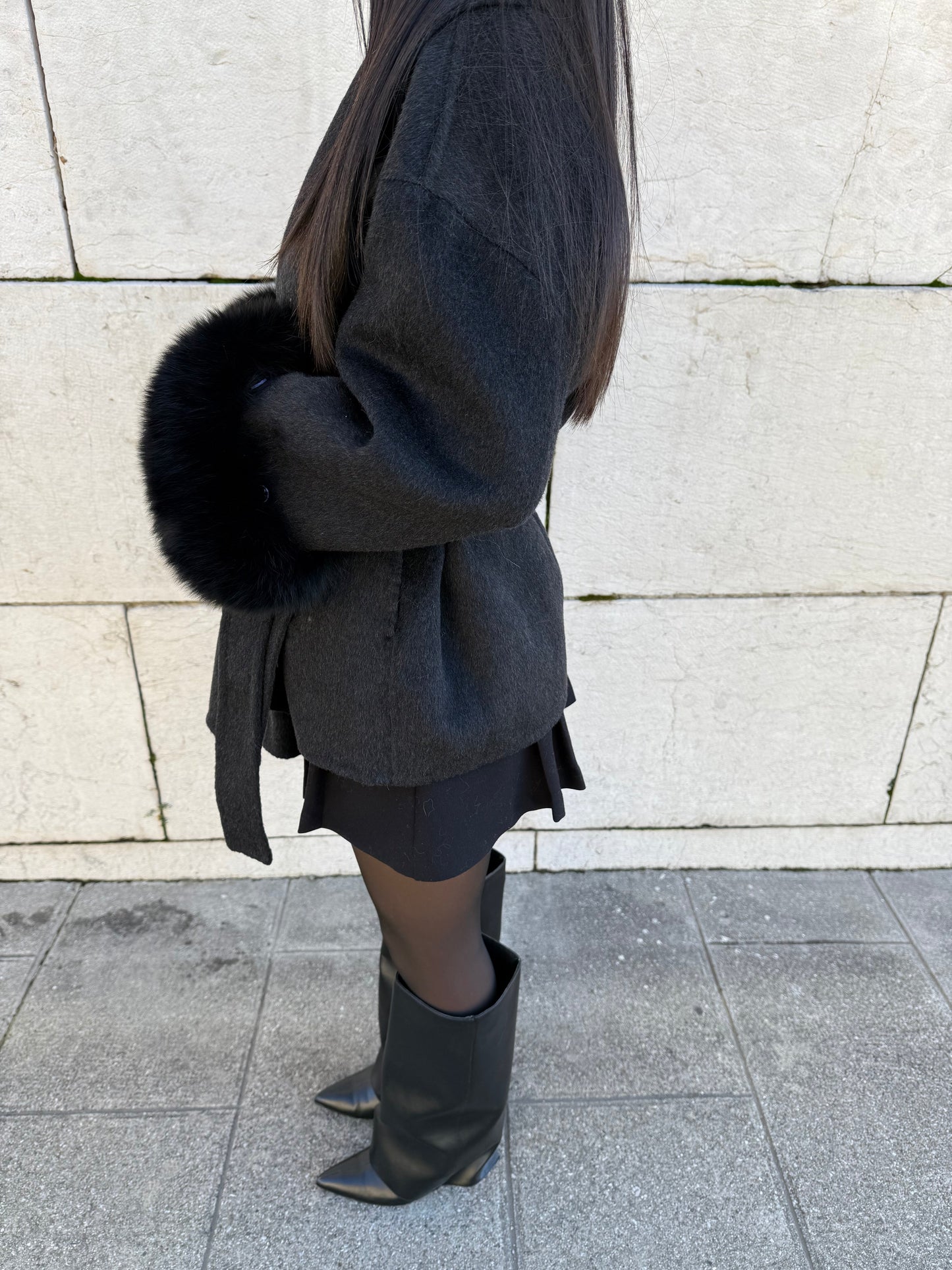 ANTHRACITE WOOL COAT WITH FUR