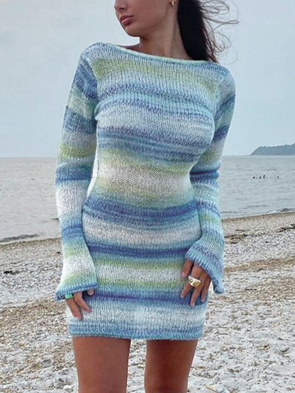 Backless Long Sleeve Striped Knit Mini Dress