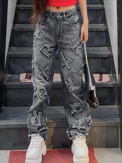 Letter Patch Faded Boyfriend Jeans