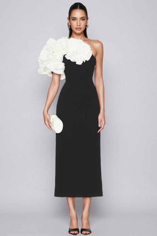 Zephyr Black 3D Floral Midi Dress