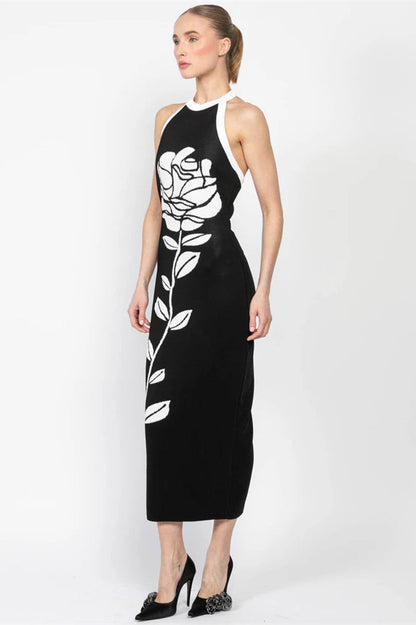 Floral Jacquard Halter Neck Open Back Bodycon Midi Dress