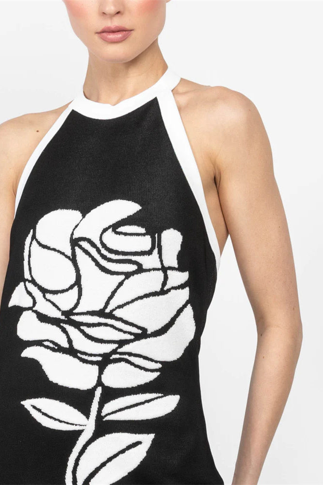 Floral Jacquard Halter Neck Open Back Bodycon Midi Dress