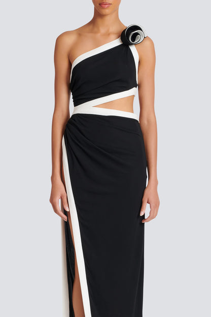 Salome Asymmetric Floral Applique Maxi Dress