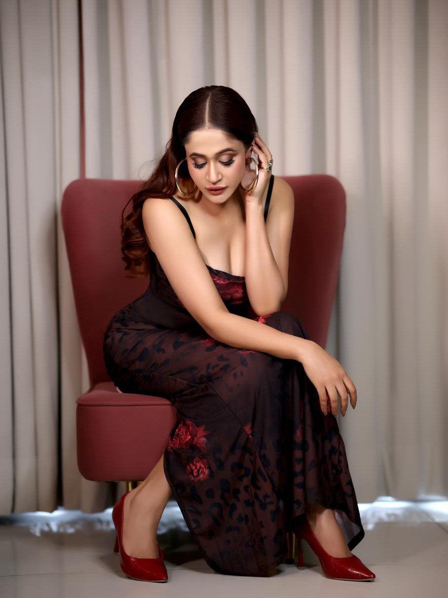 Floral Print Slit Sheath Mesh Dress