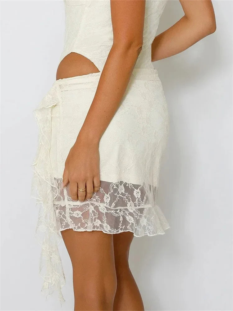 Elastic Low Waist Lace Floral Mini Skirt Irregular Hem Skirt