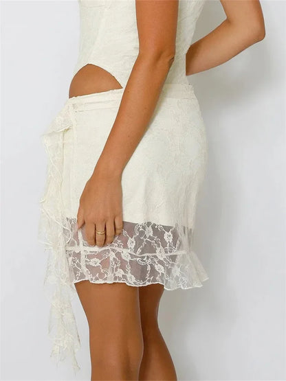Elastic Low Waist Lace Floral Mini Skirt Irregular Hem Skirt
