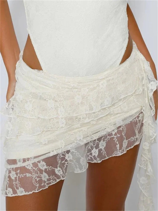 Elastic Low Waist Lace Floral Mini Skirt Irregular Hem Skirt