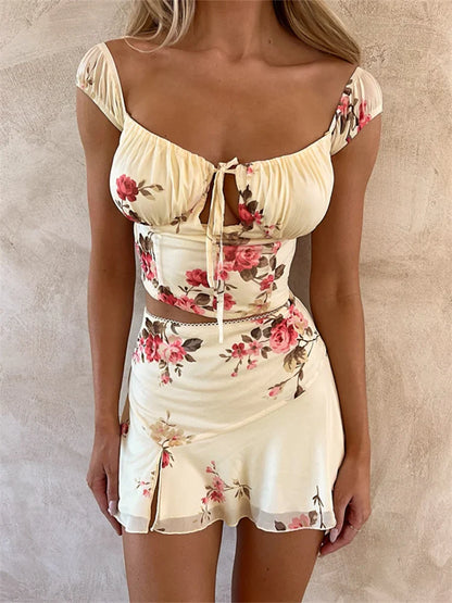 Floral Tie-up Corset Crop Top with Mini Skirt Summer Beach Party Set