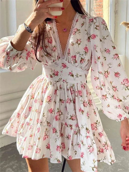 Floral Lantern-Sleeve Mini Dress