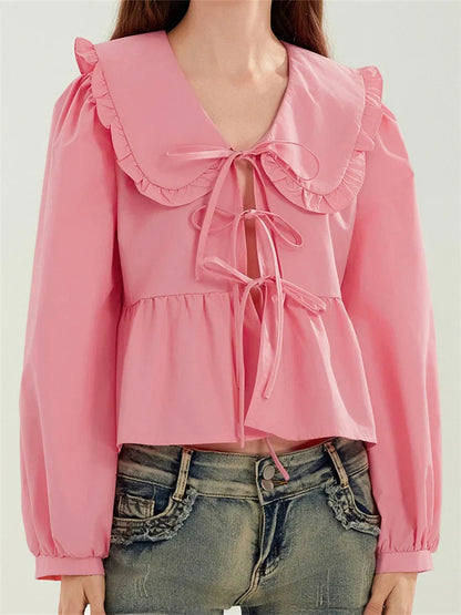 Ruffled Turn-Down Neck Tie-Up Blouse