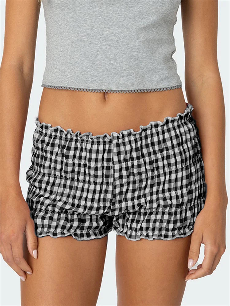 Ruched Plaid Slim Fit Short