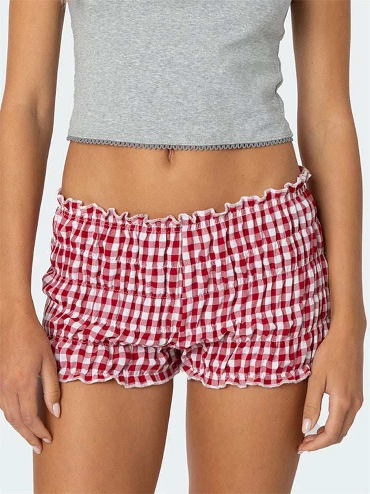 Ruched Plaid Slim Fit Short