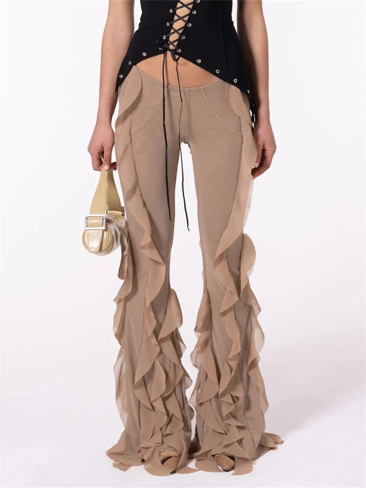 Solid Color Ruffle Low Waist Stretch Bell Pant