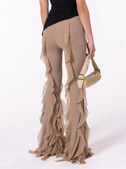 Solid Color Ruffle Low Waist Stretch Bell Pant