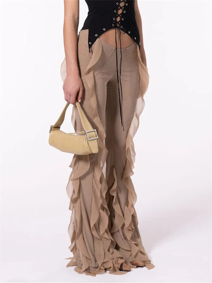Solid Color Ruffle Low Waist Stretch Bell Pant