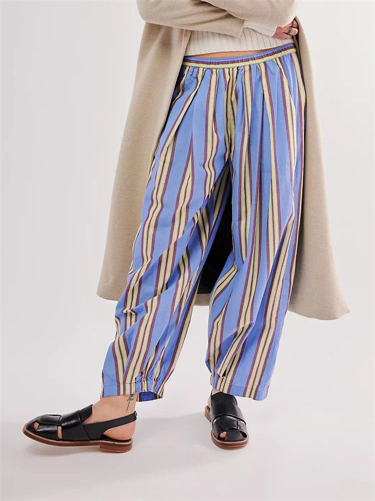 Striped Print Loose Casual Elastic Waist Pant
