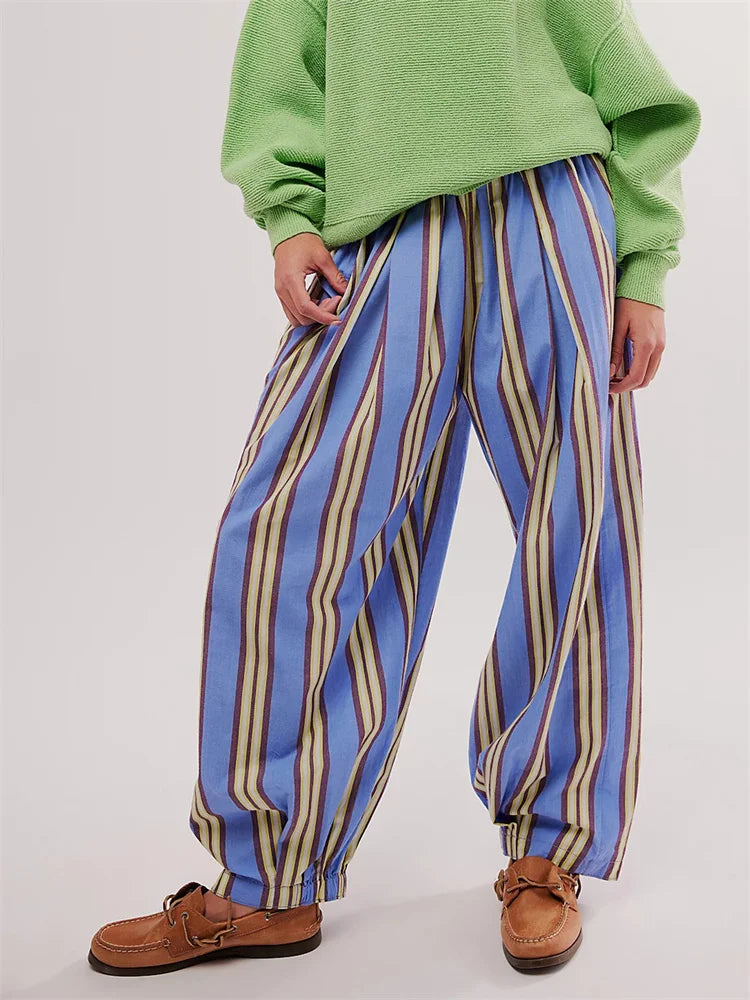 Striped Print Loose Casual Elastic Waist Pant
