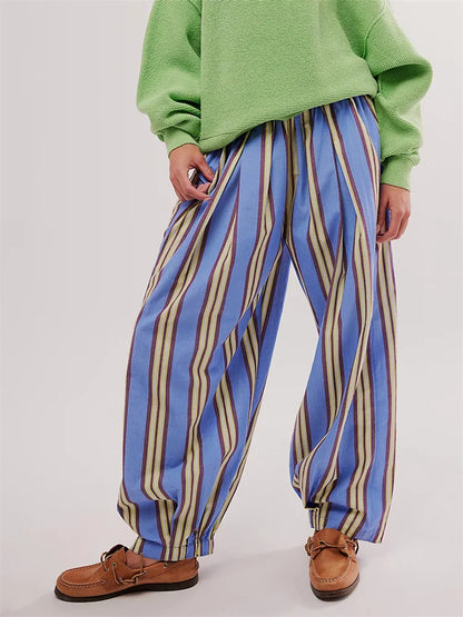 Striped Print Loose Casual Elastic Waist Pant