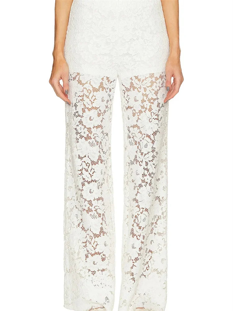 Lace Floral Loose Wide Leg See-Through Mesh Pant