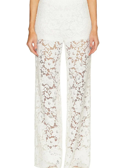 Lace Floral Loose Wide Leg See-Through Mesh Pant