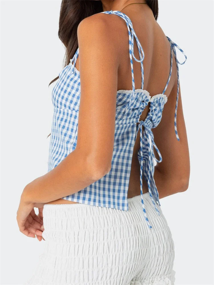 Plaid Tie-up Backless Ruched V-neck Crop Top