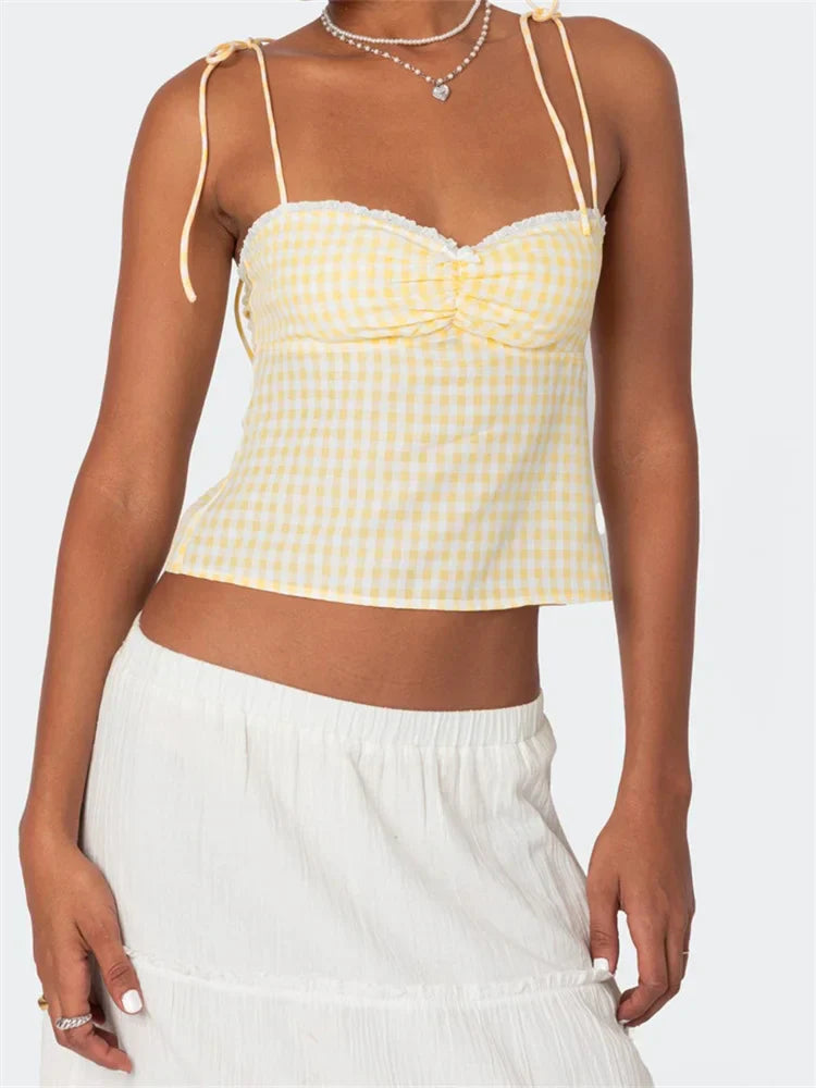Plaid Tie-up Backless Ruched V-neck Crop Top