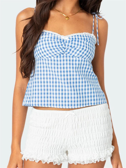 Plaid Tie-up Backless Ruched V-neck Crop Top