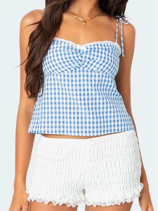 Plaid Tie-up Backless Ruched V-neck Crop Top