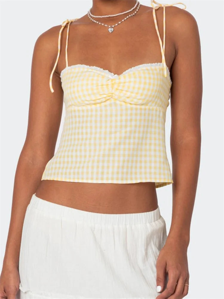 Plaid Tie-up Backless Ruched V-neck Crop Top