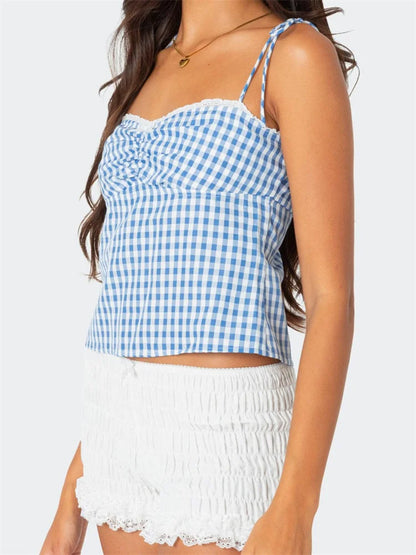 Plaid Tie-up Backless Ruched V-neck Crop Top