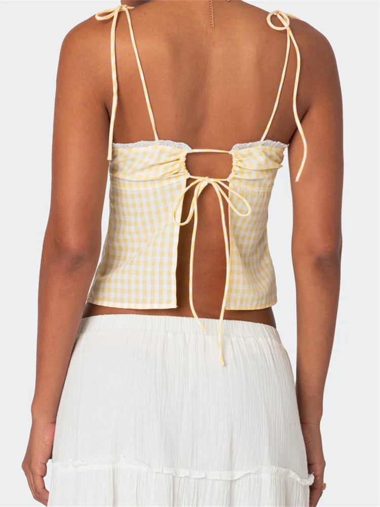 Plaid Tie-up Backless Ruched V-neck Crop Top