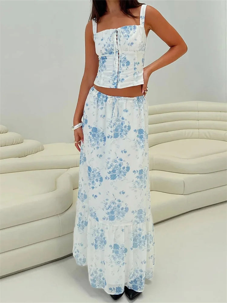 Retro Square Neck Button Up Tank Top Flower Print Long Skirt