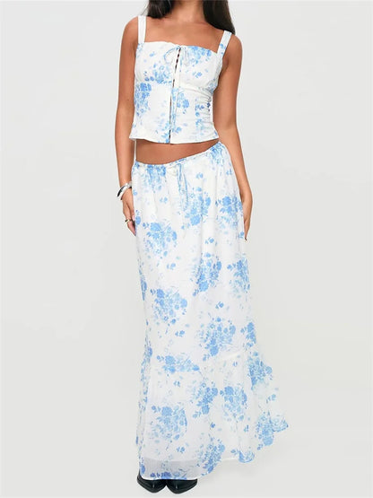 Retro Square Neck Button Up Tank Top Flower Print Long Skirt