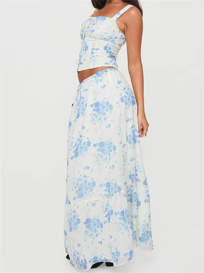 Retro Square Neck Button Up Tank Top Flower Print Long Skirt