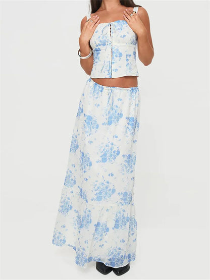 Retro Square Neck Button Up Tank Top Flower Print Long Skirt