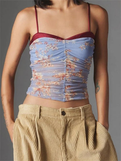 Ruched Floral Leopard Spaghetti Strap Crop Top