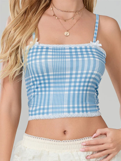 Plaid Bow Lace Trim Square Neck Crop Top