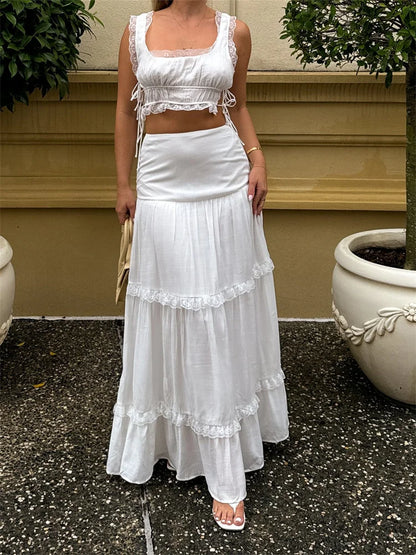 Retro Lace Trim Sleeveless Square Neck Tank Crop Top with Long Skirt Set