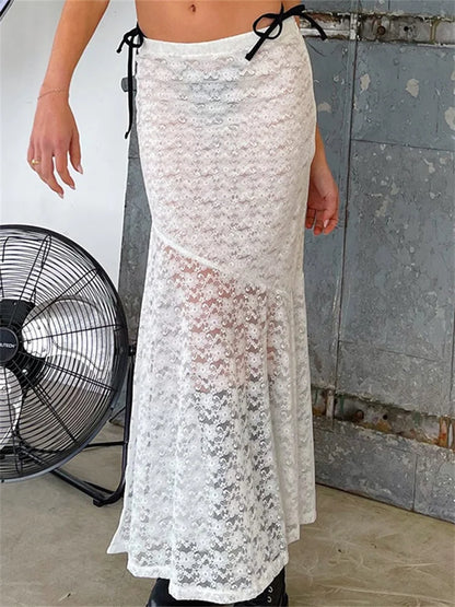 Y2K Grunge Lace Mesh See Through Bow Tie Long Skirt