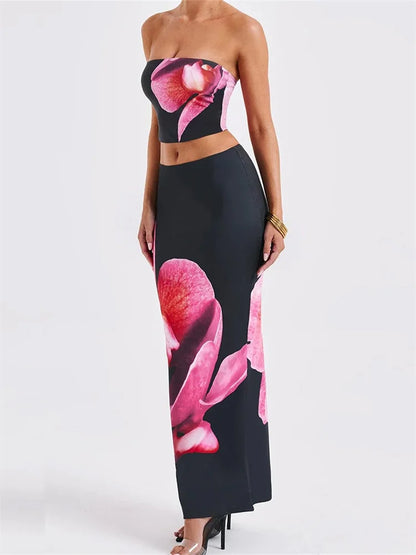 Sexy Floral Print Tube Top Elastic Waist Bodycon Skirt Set