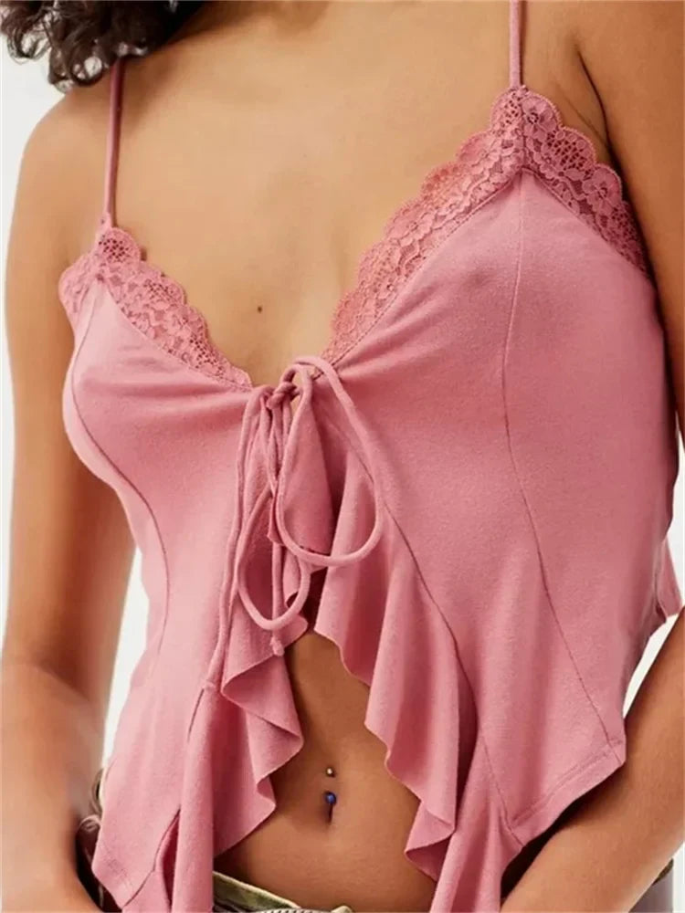 Floral Lace Trim Ruffle Split Strap Crop Top