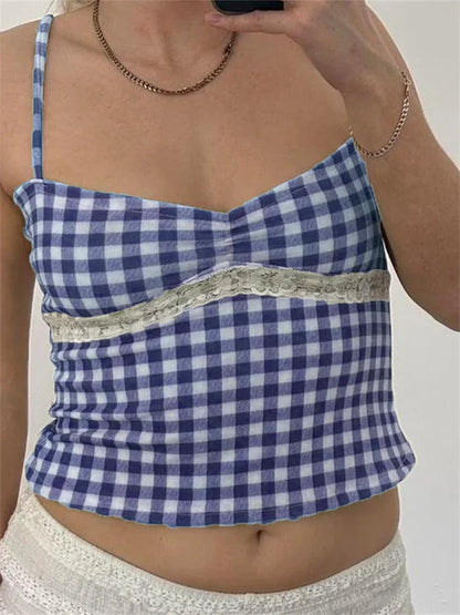 Vintage Plaid Lace Patchwork Spaghetti Crop Top