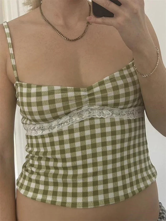 Vintage Plaid Lace Patchwork Spaghetti Crop Top